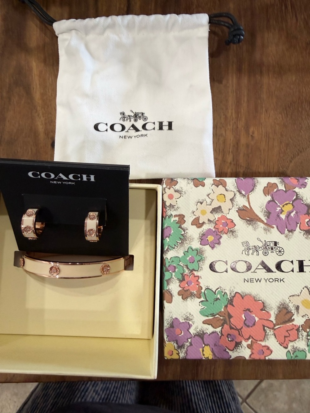 COACH Cream and Gold Floral Accent Bracelet and Hoop Earring Set